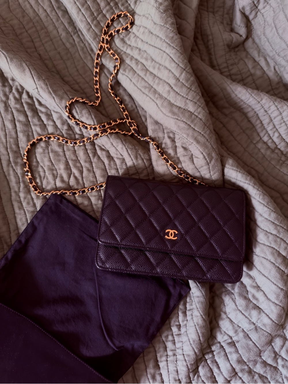 Luxury Quilted Wallet-on-Chain in black with Gold Hardware